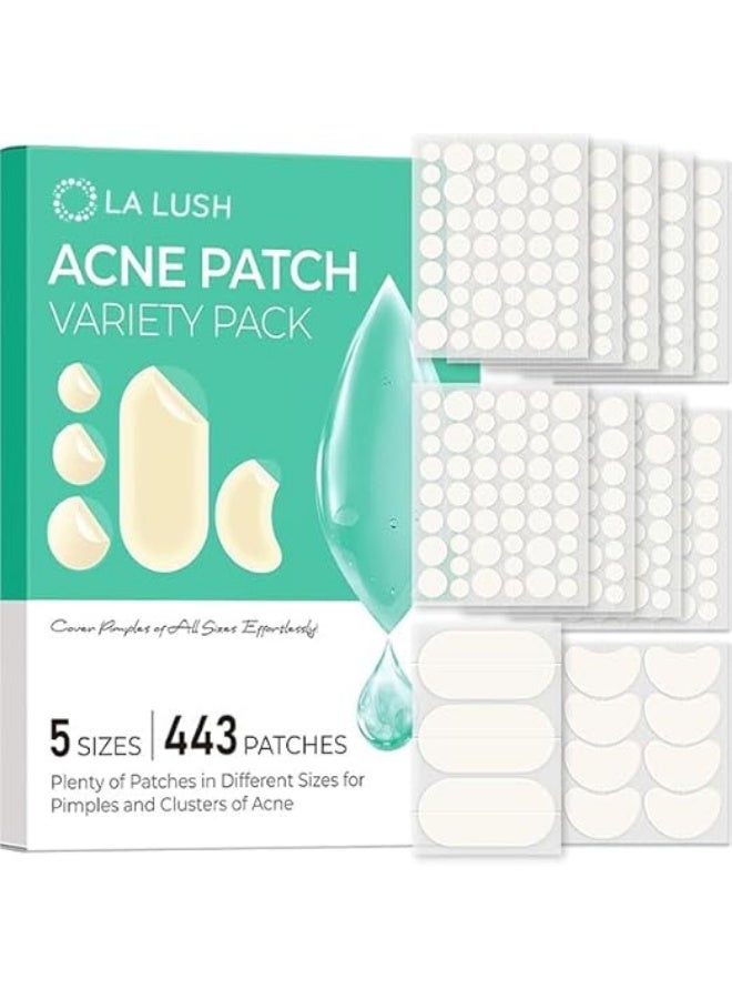 LA LUSH 443 Count Pimple Patches for Face, Hydrocolloid Acne Patch Bulk, Acne Stickers for Covering Cheeks, Forehead, Chin Blemishes Zit Breakouts for All Skin Types (Dots, Strip, Contoured 5 Sizes) - Image 1